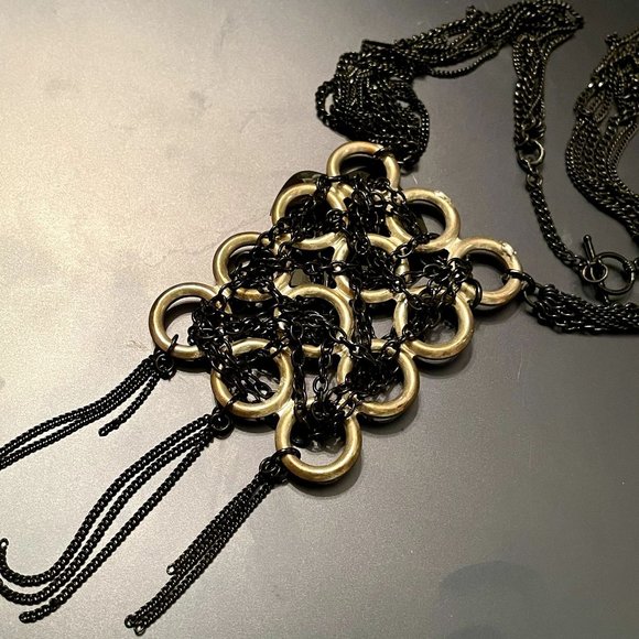 4 for $20 Sale Unique Black Chain Wrapped Silver Tone Hoop Artisan Pendant - Picture 1 of 6